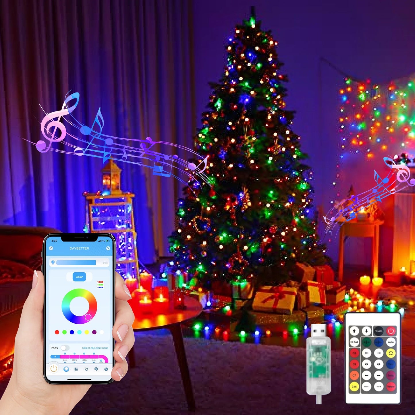 50Ft Smart RGB-IC LED Fairy Lights USB Powered with APP Remote Control, IP65 Waterproof Twinkle Color Changing Lights for Garden Party Decor