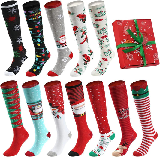 12 Pair, Knee High Holiday Christmas Socks, 12 Different Designs, X-Mas Socks Size 9-11 with Gift Box