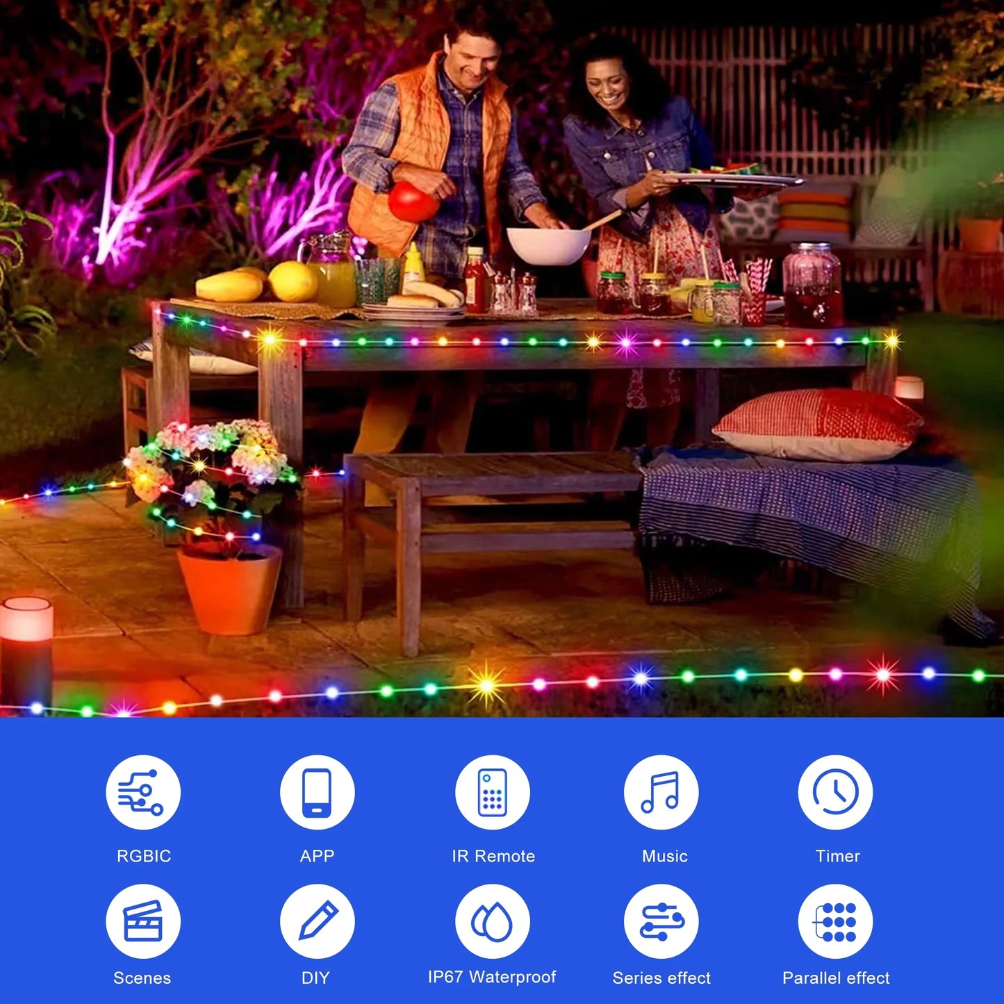 50Ft Smart RGB-IC LED Fairy Lights USB Powered with APP Remote Control, IP65 Waterproof Twinkle Color Changing Lights for Garden Party Decor